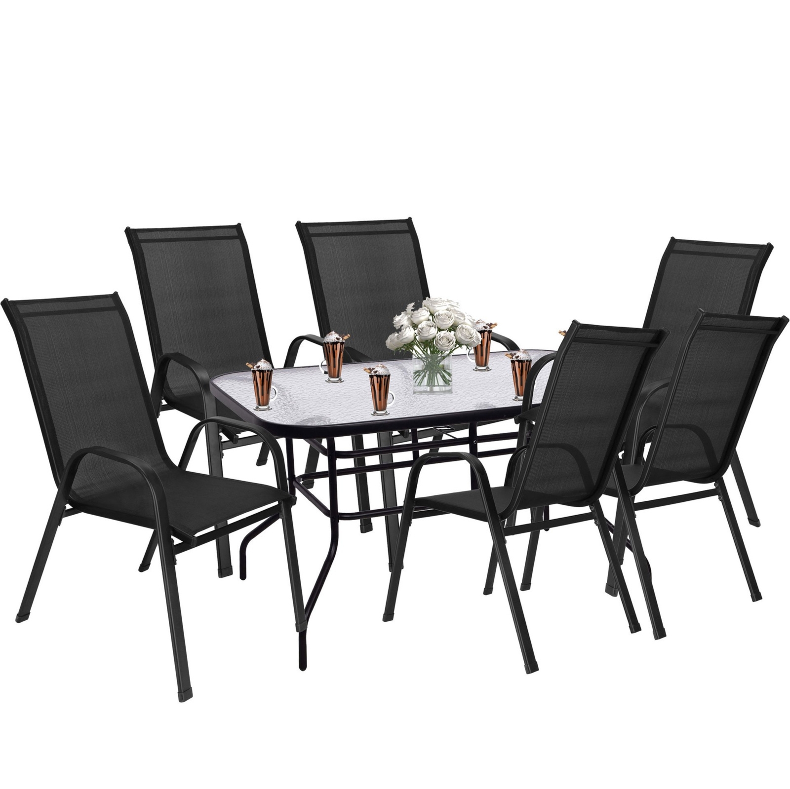 Zestaw mebli ogrodowych stół ze szkłem hartowanym, 6 krzeseł metalowe na taras czarne