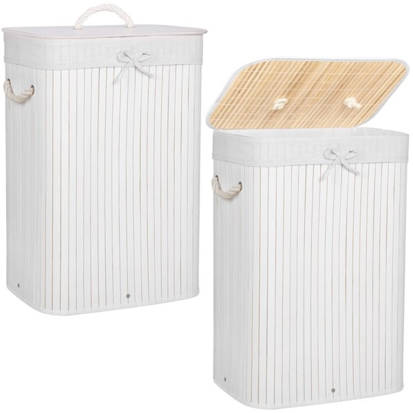 Bambusowy kosz na pranie 72 L z pokrywą biały organizer