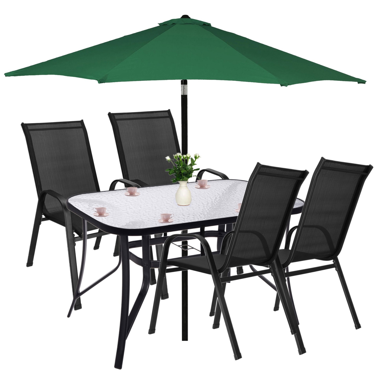 Zestaw mebli ogrodowych stół ze szkłem hartowanym, 4 krzesła metalowe na taras czarne