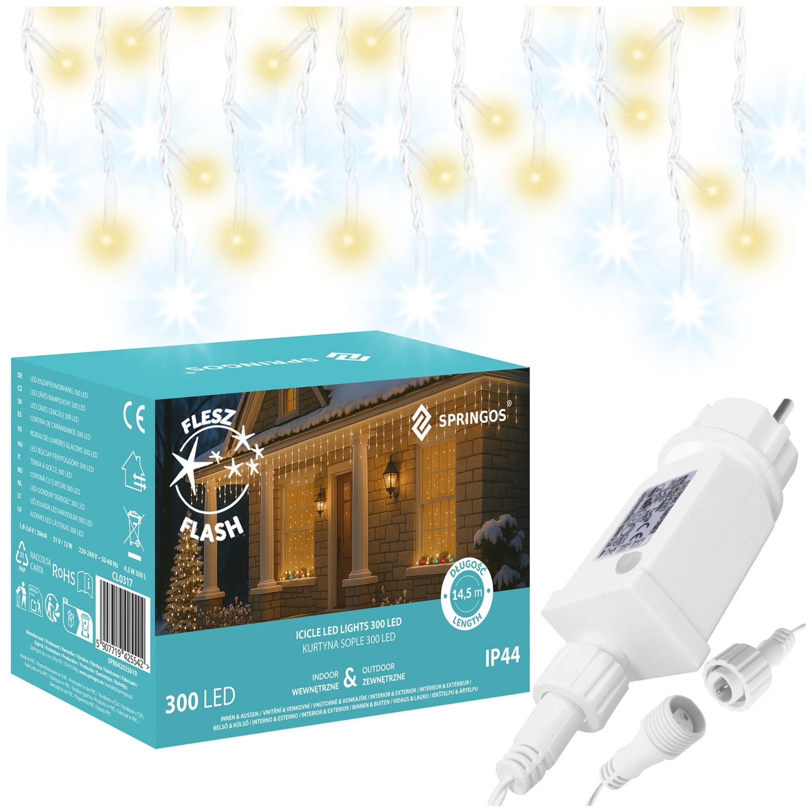 Kurtyna świetlna 300 led biały ciepły, flash biały zimny girlanda, lampki wewnętrzno-zewnętrzne sople