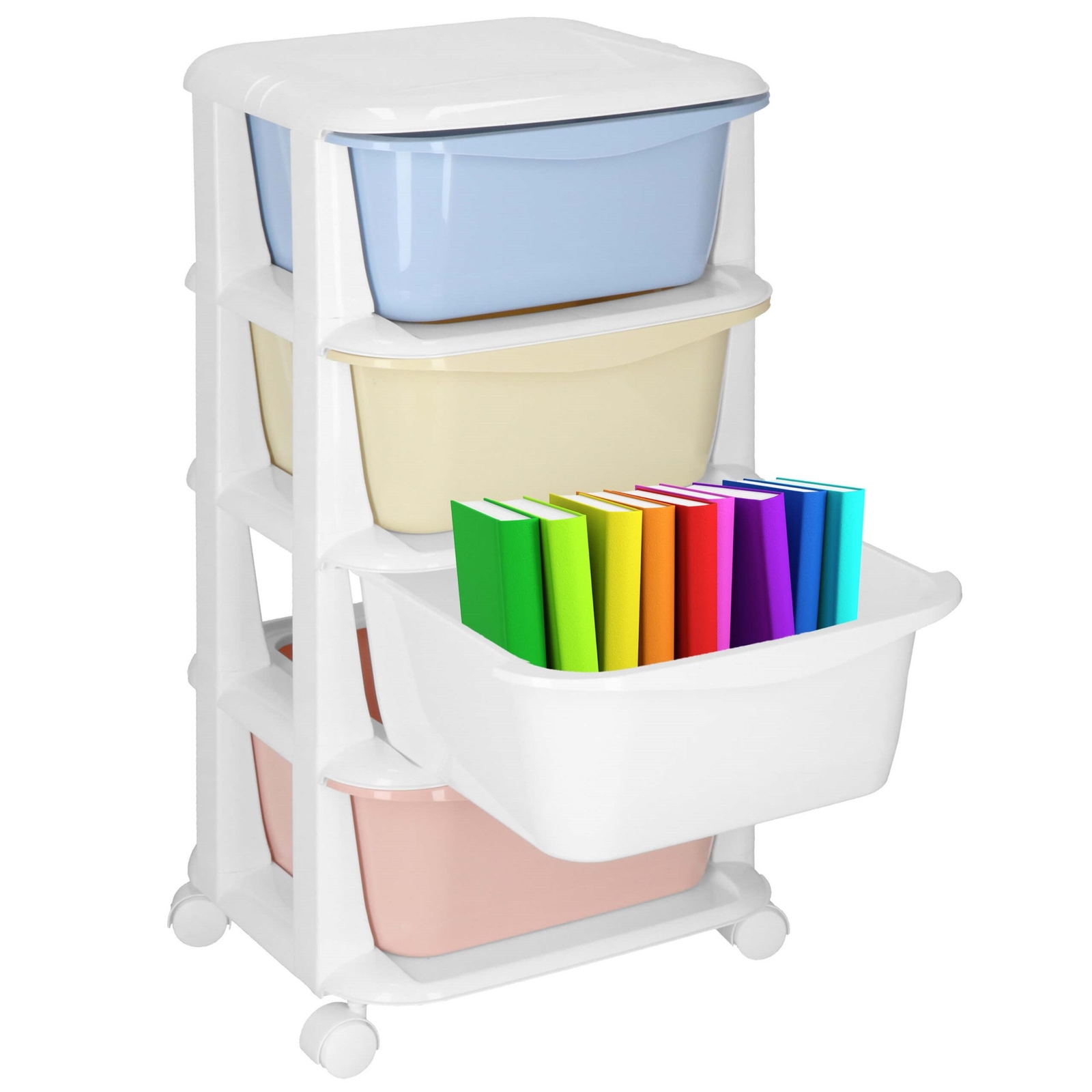 Mobilny organizer na zabawki z 4 pojemnikami, regał na kółkach pastelowy