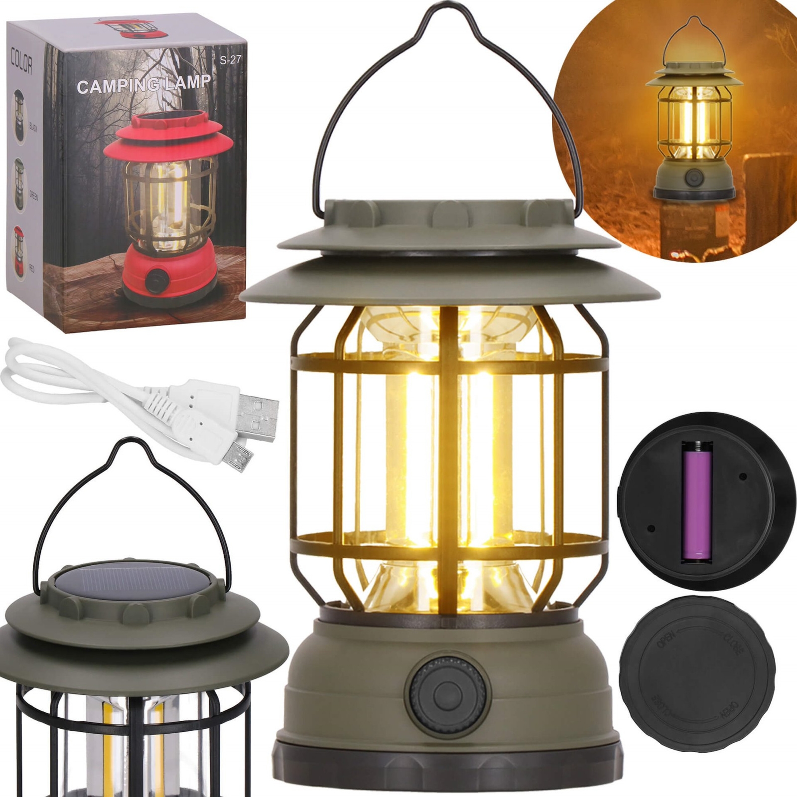 Lampa solarna na kemping, biawak w stylu retro LED COB z regulacją jasności