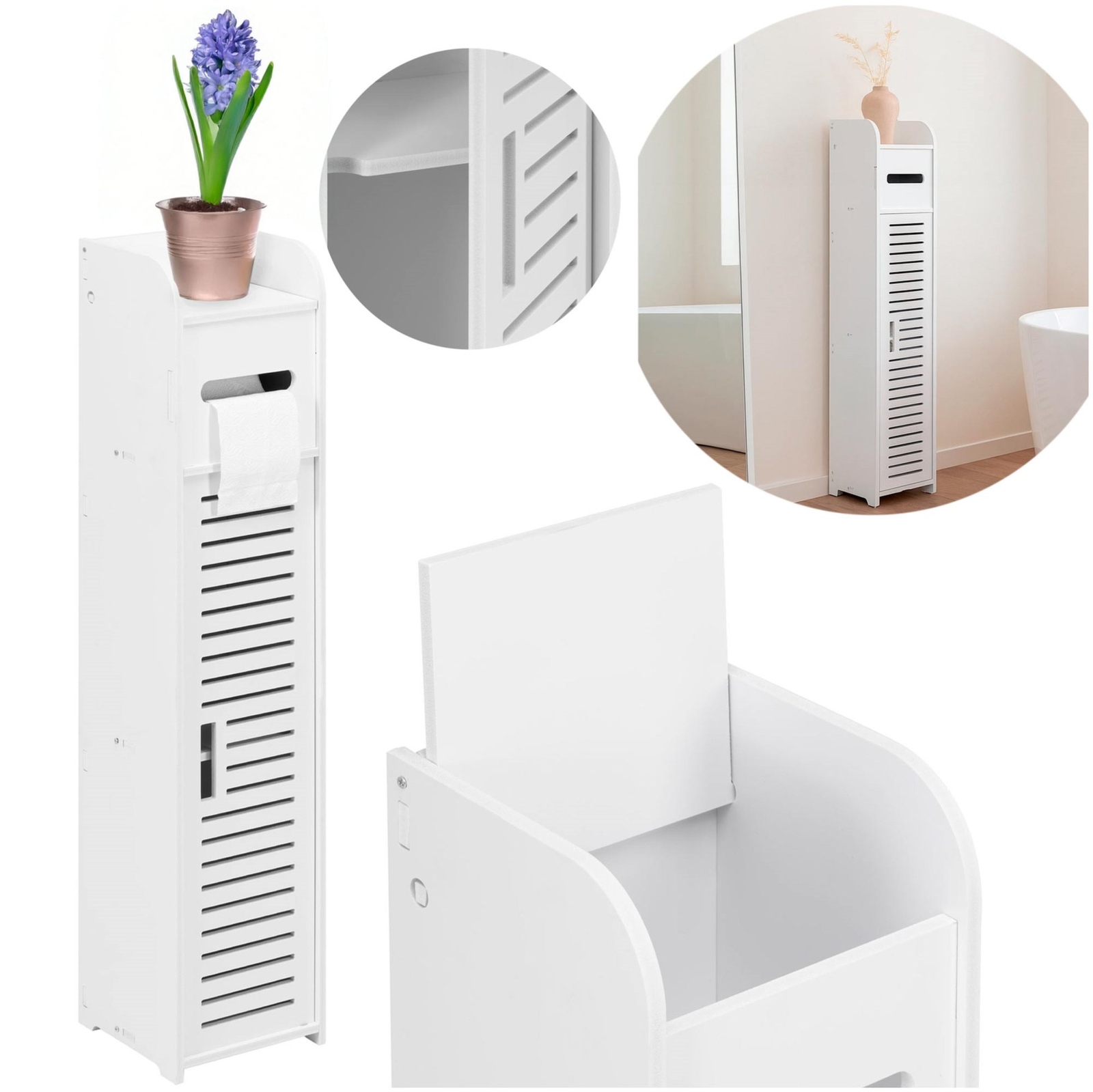 Szafka łazienkowa 80 cm stojąca z uchwytem na papier i schowkiem biały