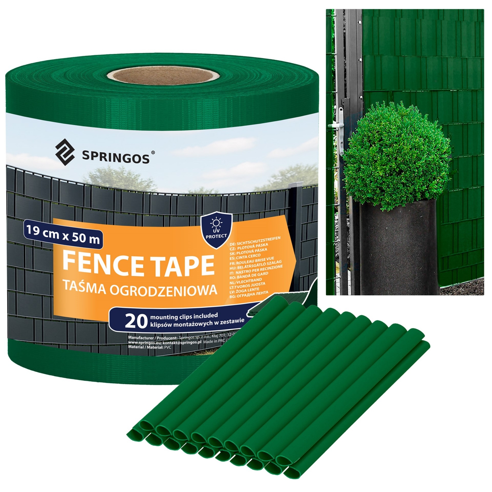Taśma ogrodzeniowa na panele 19 cm x 50 m 450 g/m2 PVC z klipsami 20 szt. ciemnozielona