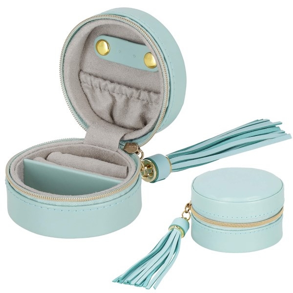 Szkatułka na biżuterię okrągła 8x5 cm miętowy kuferek z przegródkami ekoskóra