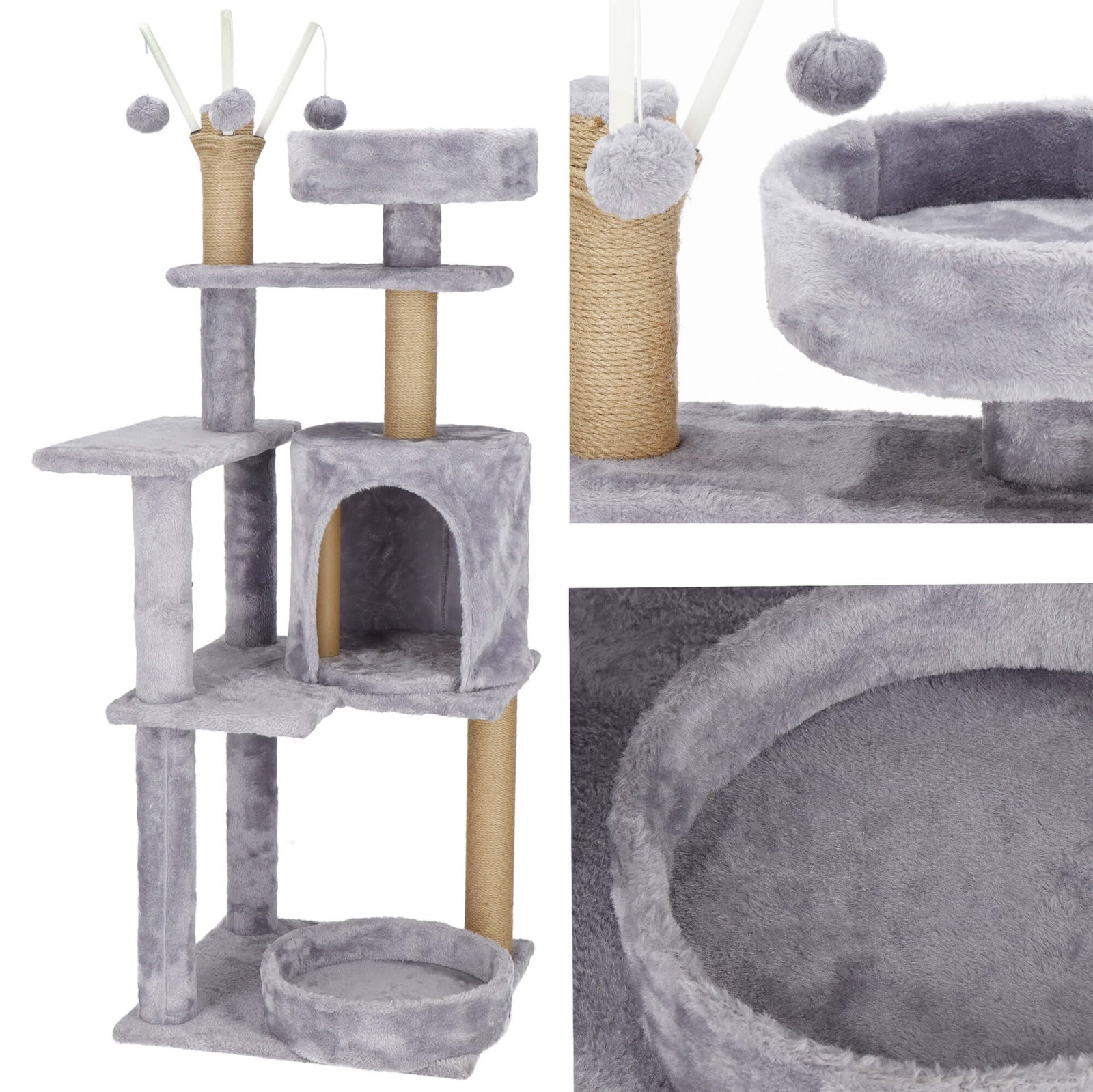 Drapak dla kota domek legowisko z zabawką 5-poziomowy sizal szary