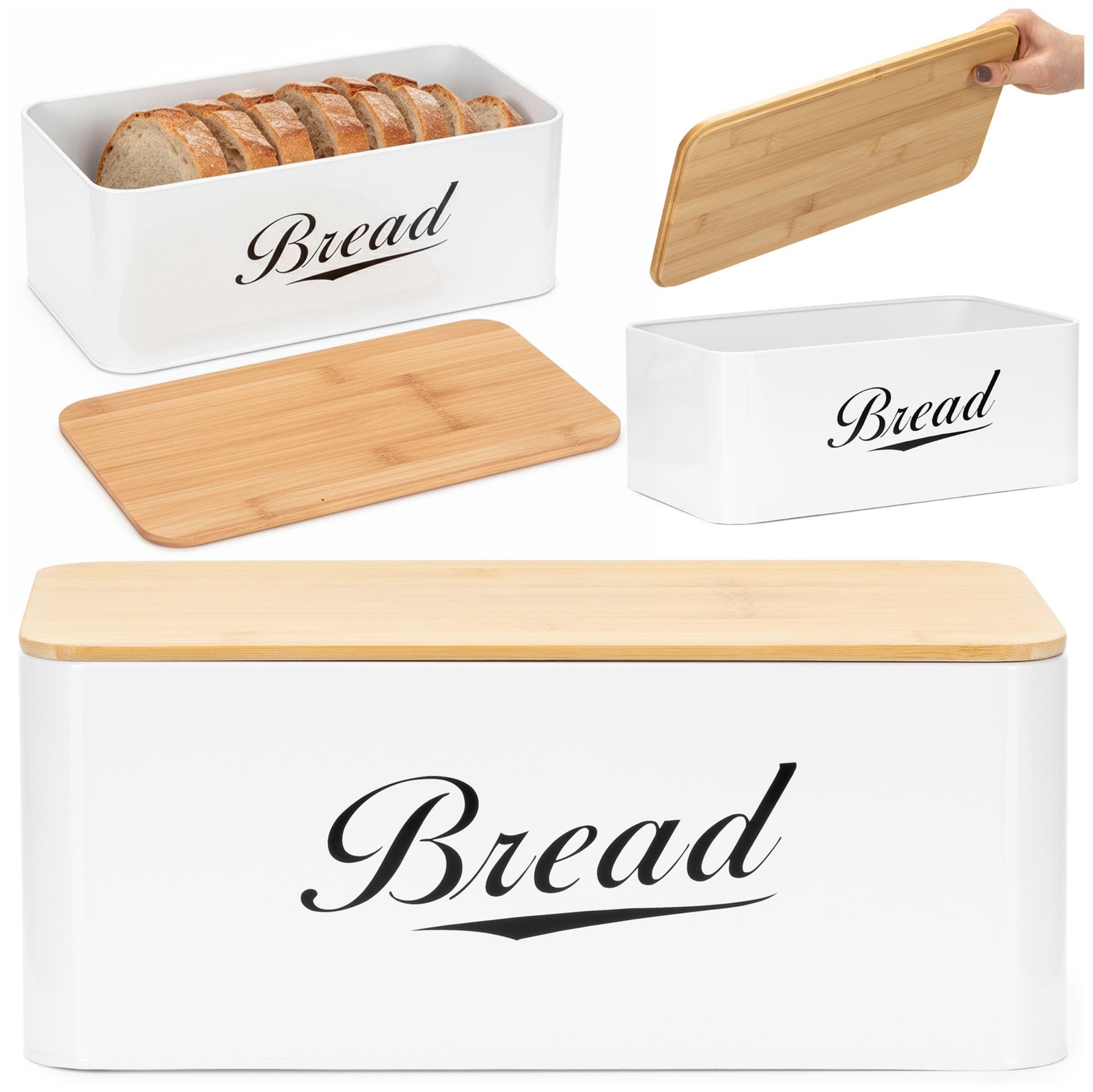 Chlebak metalowy 33x18x14 cm pojemnik zamykany na pieczywo, bambusowa deska, biały