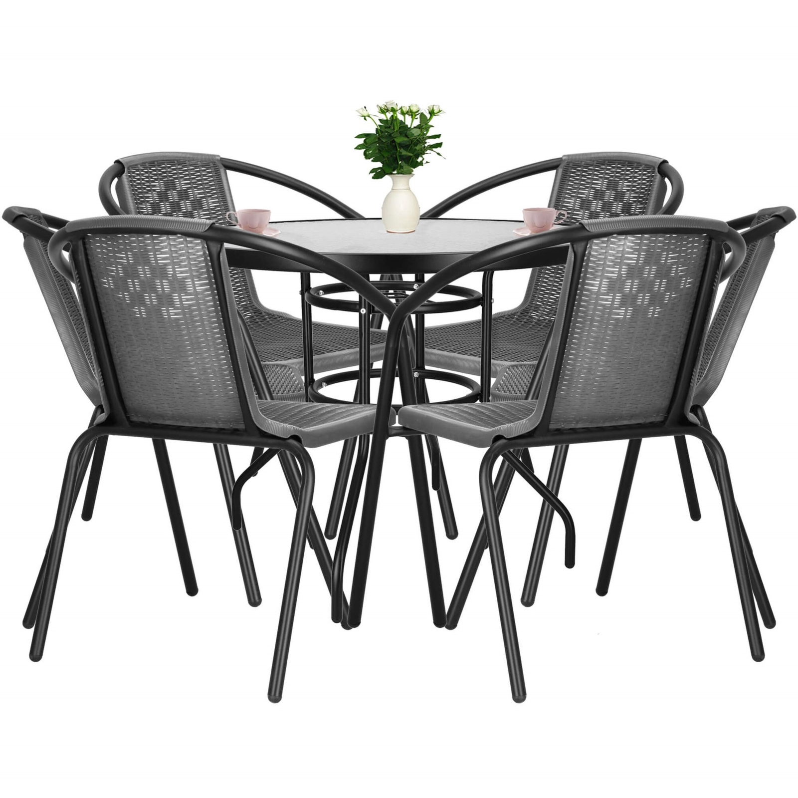 Meble ogrodowe balkonowe stolik kawowy ze szklanym blatem, 6 krzeseł metalowych czarno-szare