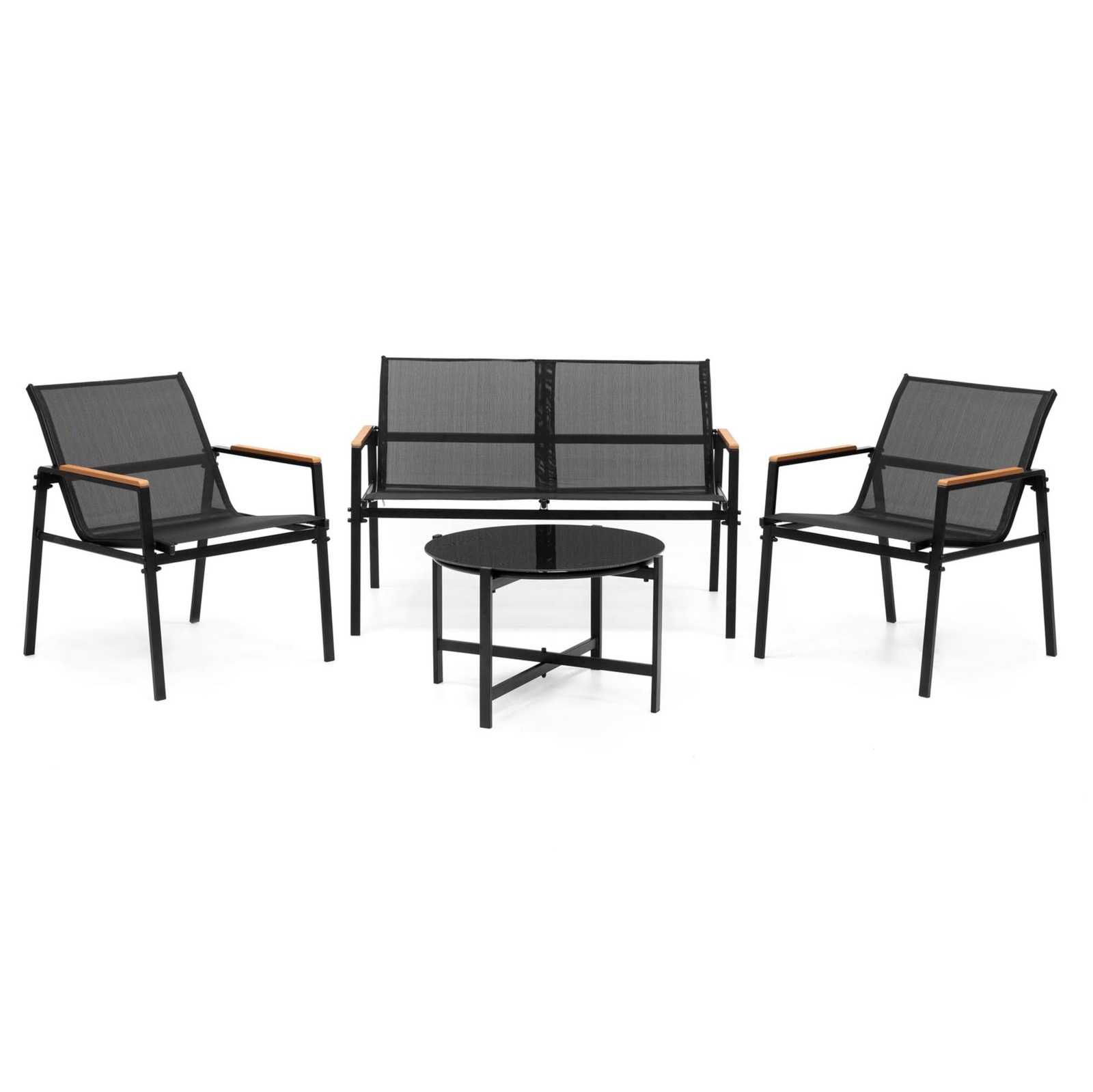 Zestaw mebli ogrodowych dla 4 osób sofa, krzesła, stolik metalowe, czarne