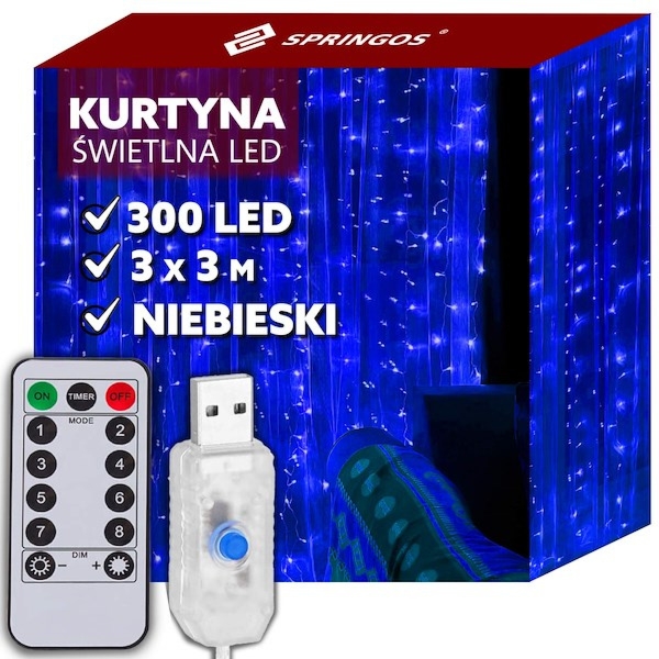 Kurtyna świetlna niebieski 300 Led 3x3 m lampki wewnętrzne z programatorem USB