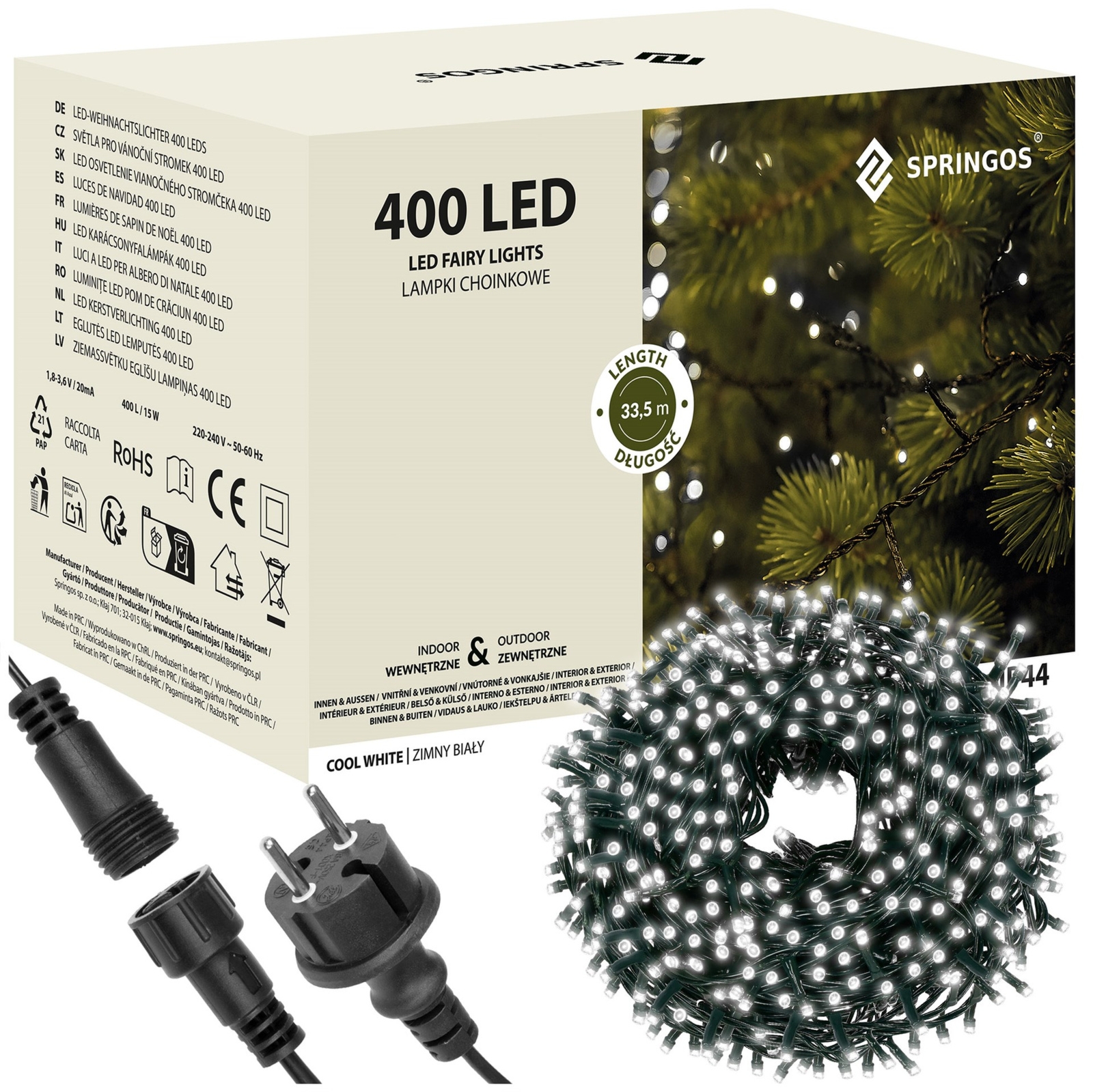 Lampki choinkowe 33,5 m biały zimny 400 led oświetlenie świąteczne IP44