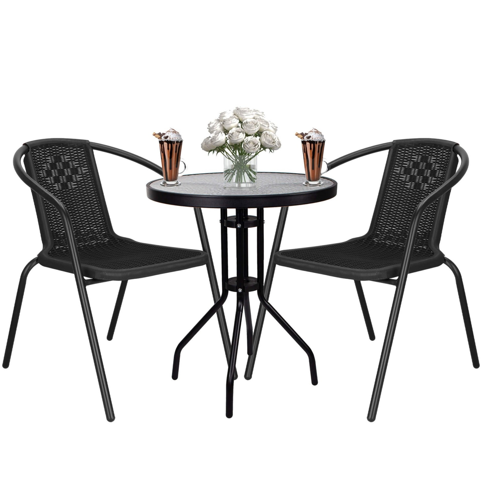 Zestaw mebli ogrodowych stół okrągły i 2 fotele metalowe czarne komplet ogrodowy dla 2 osób