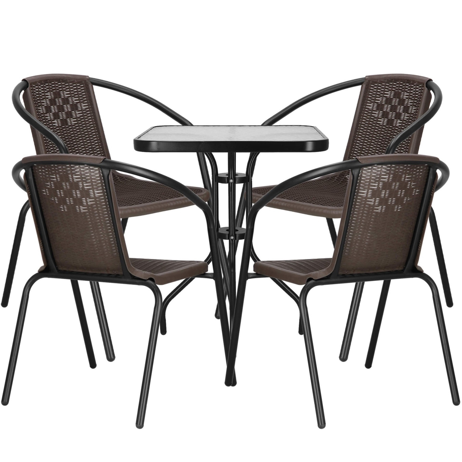 Meble na balkon: stolik kawowy z kwadratowym blatem z szkła hartowanego, 4 krzesła metalowe