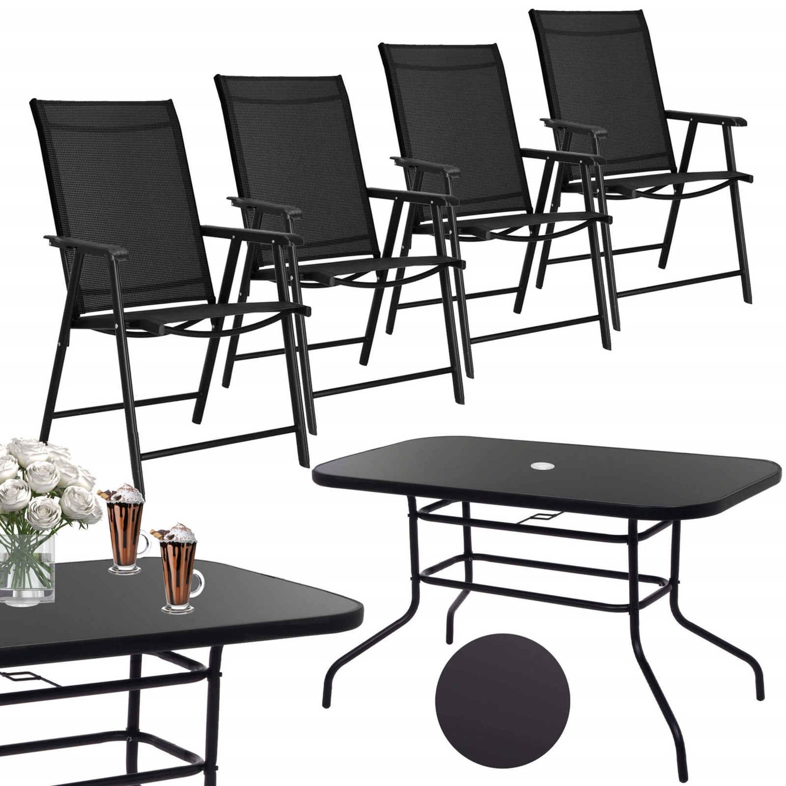 Meble ogrodowe, komplet na balkon dla 4 osób: metalowe 4 krzesła i stół z szkła hartowanego, czarny