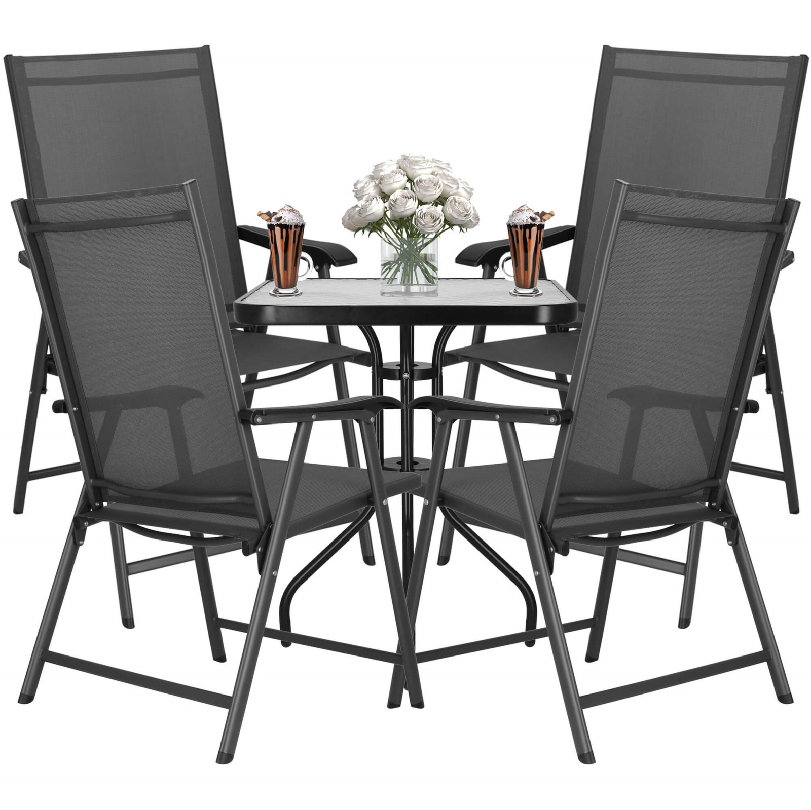 Zestaw mebli ogrodowych stół ze szkłem hartowanym, 4 krzesła komplet na taras szaro-czarny