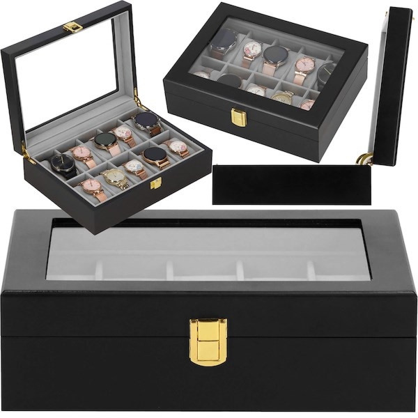 Szkatułka na zegarki 26,5x20x8 cm czarno-szary kuferek z 10 przegródkami welurowy