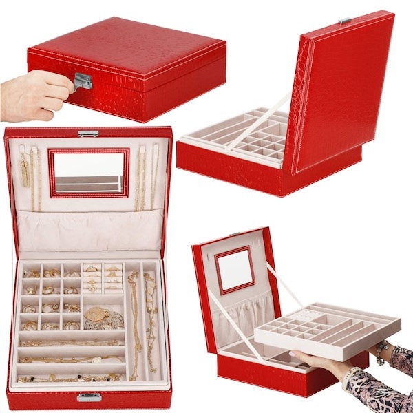 Szkatułka na biżuterię ekoskóra 26x26x8,5 cm czerwony kuferek z przegródkami