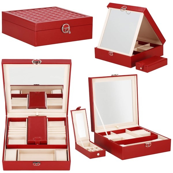 Szkatułka na biżuterię ekoskóra 25x25x8,5 cm bordowy kuferek z przegródkami