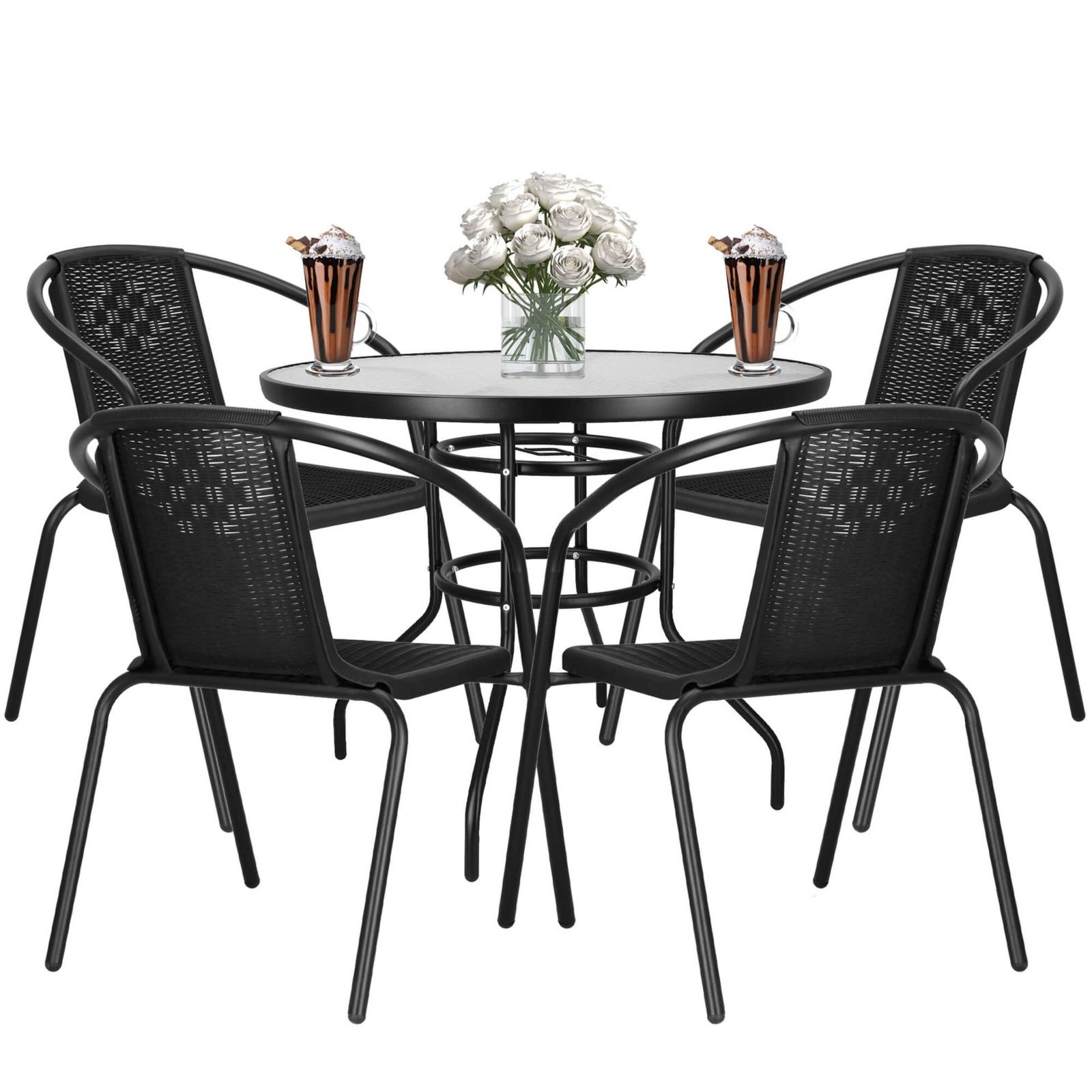 Meble na balkon: stolik kawowy, 4 krzesła metalowe do ogrodu czarne