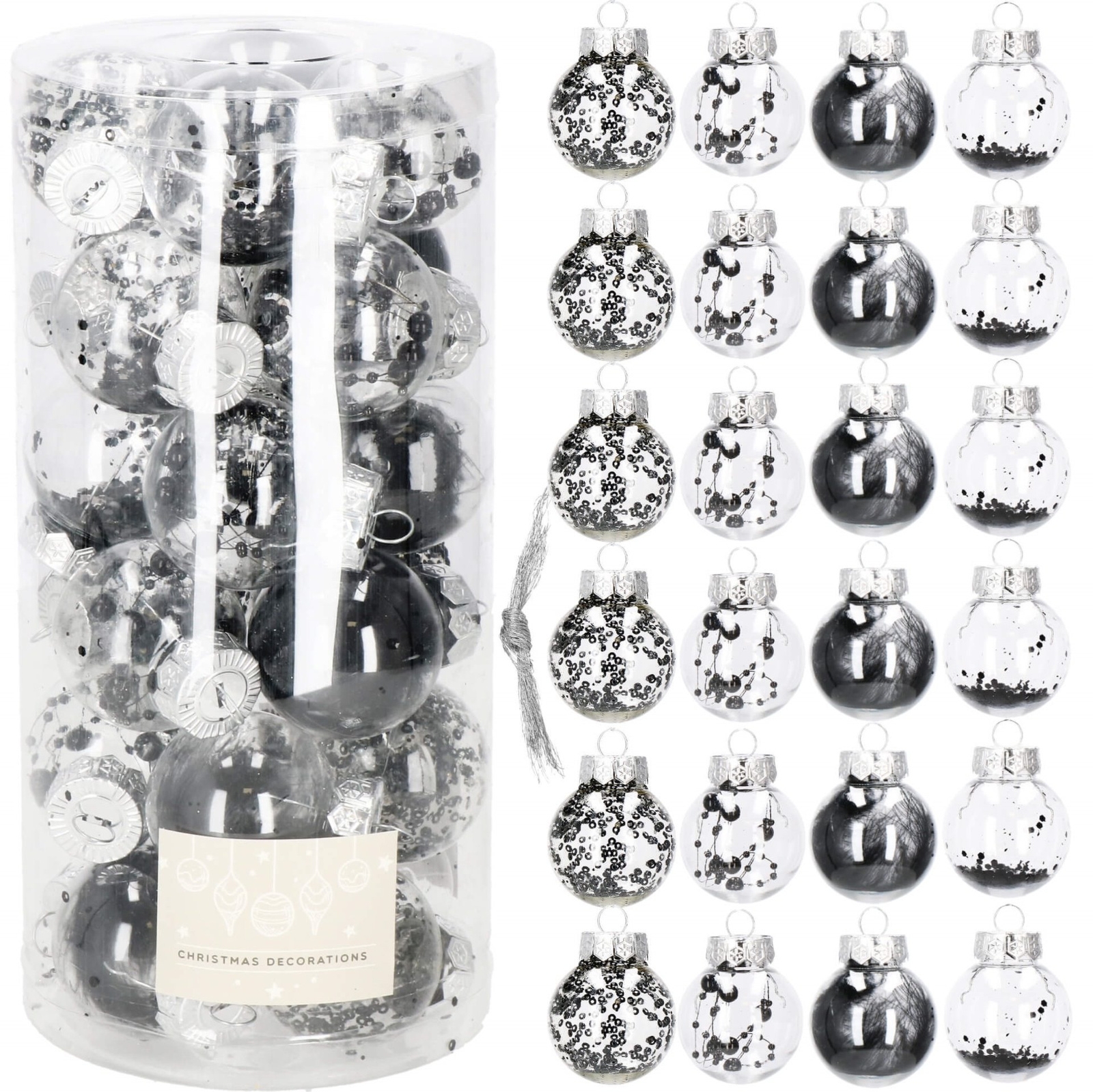 Bombki choinkowe 24 szt. 5 cm przezroczyste z wypełnieniem czarne