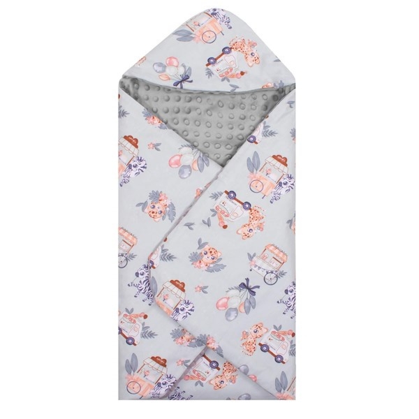 Otulacz dla niemowląt do fotelika, nosidełka, 77x77cm dwustronny kocyk z kapturem, zwierzątka