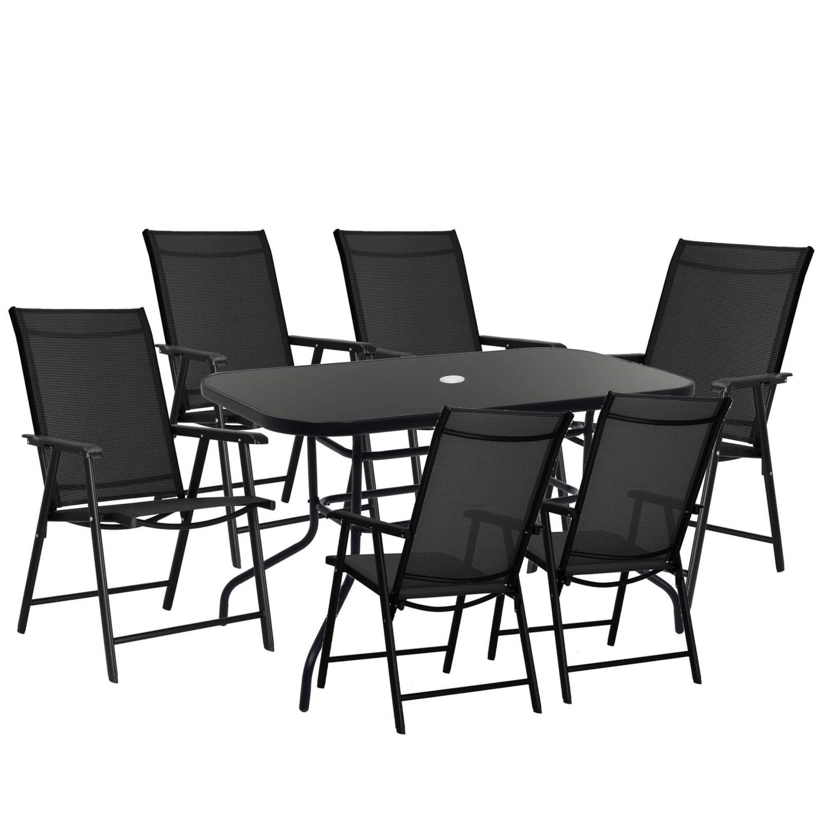 Meble ogrodowe, komplet na balkon dla 6 osób: metalowe 6 krzeseł i stół z szkła hartowanego, czarny