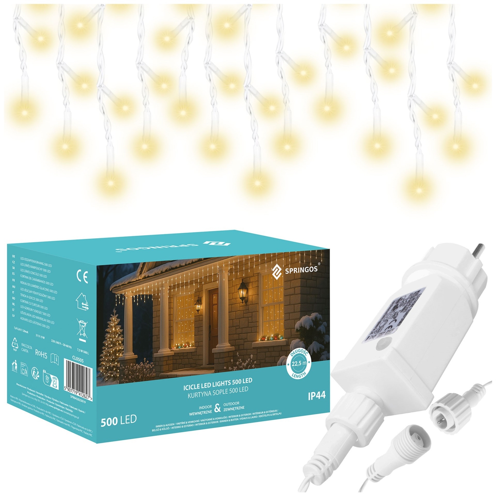 Kurtyna świetlna z pilotem 500 led girlanda, lampki wewnętrzno-zewnętrzne 22,5 m sople ciepły biały