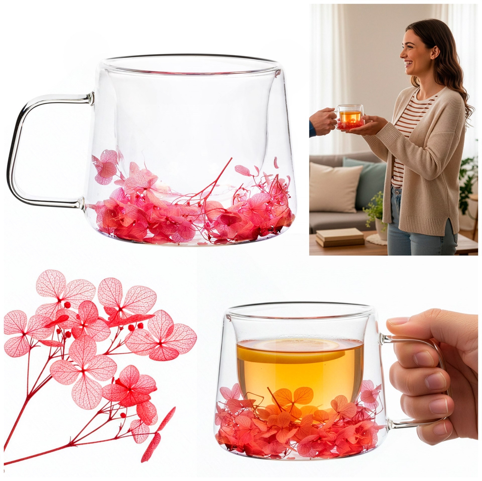 Szklanka z podwójnym dnem termiczna 180 ml z kwiatami filiżanka na kawę herbatę, z uchem