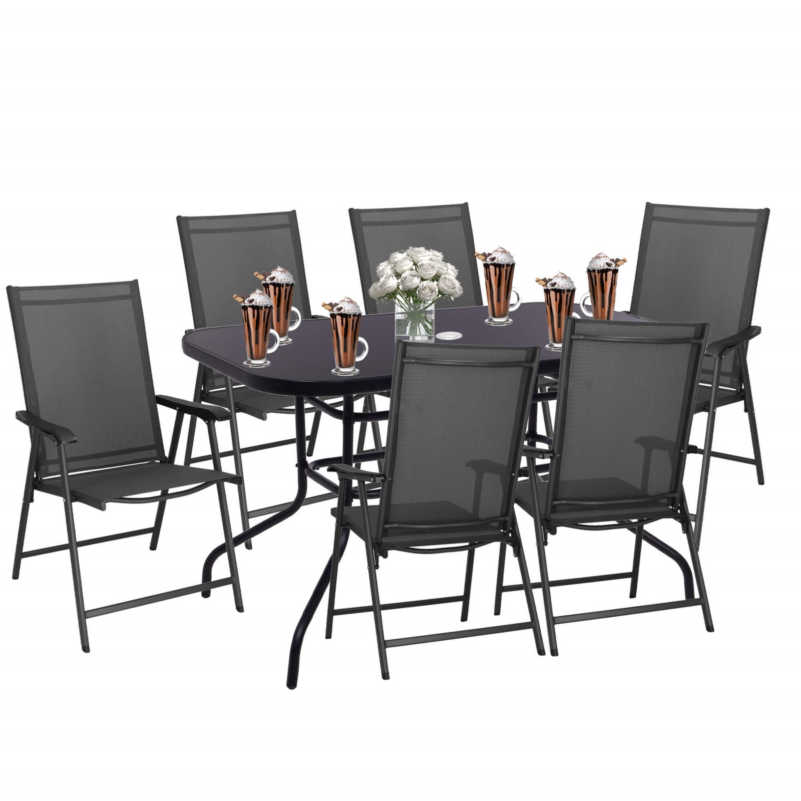 Zestaw mebli ogrodowych stół ze szkłem hartowanym, 6 krzeseł komplet na taras czarno-szary