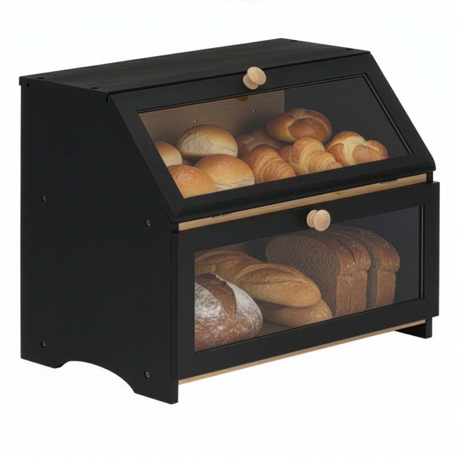 Chlebak zamykany, dwupoziomowy, szafka na pieczywo, pojemnik na chleb, bambusowy, czarny
