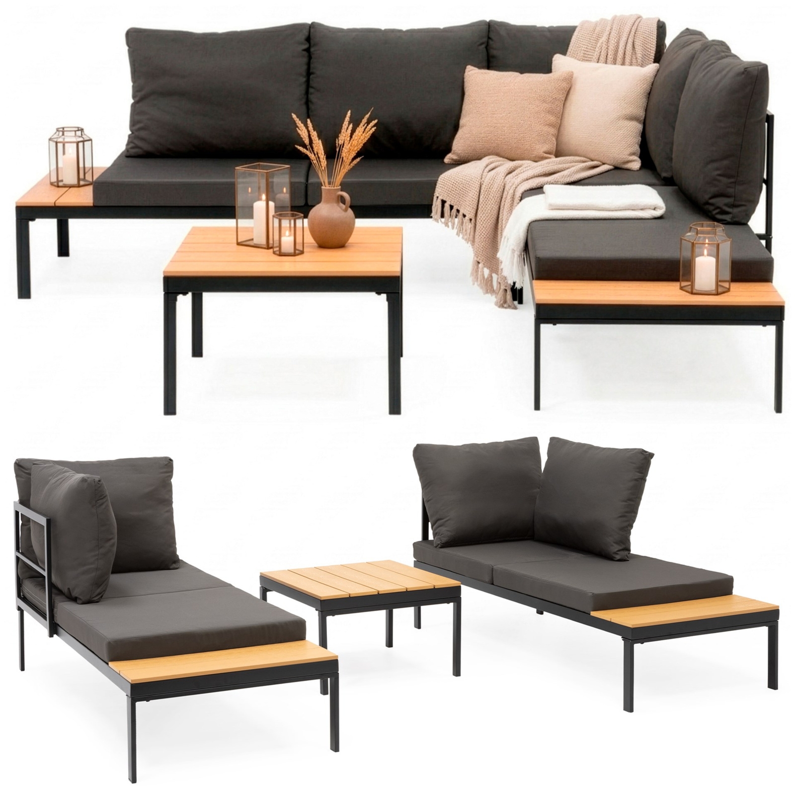 Meble ogrodowe komplet stolik kawowy, narożnik modułowy z poduszkami na taras czarno-brązowy