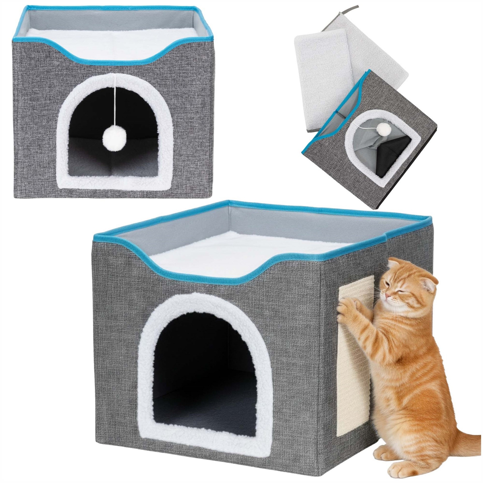 Koci domek z drapakiem i zabawką, legowisko dla kota, posłanie, szare