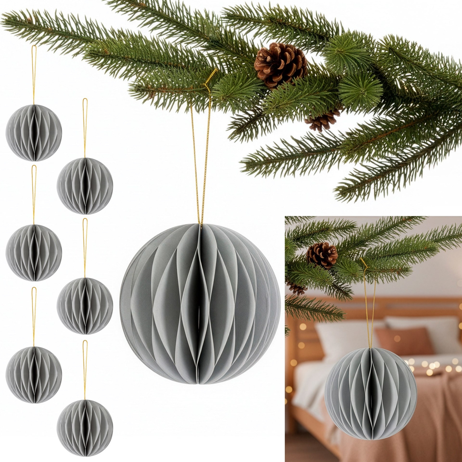 Bombki papierowe komplet 6 szt. ozdoby choinkowe 8 cm zawieszki rozkładane, szary