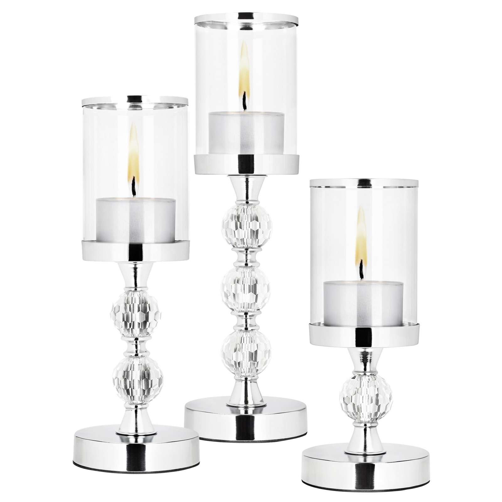 Świeczniki metalowe zestaw 3 szt. lampiony na nóżce, srebrne