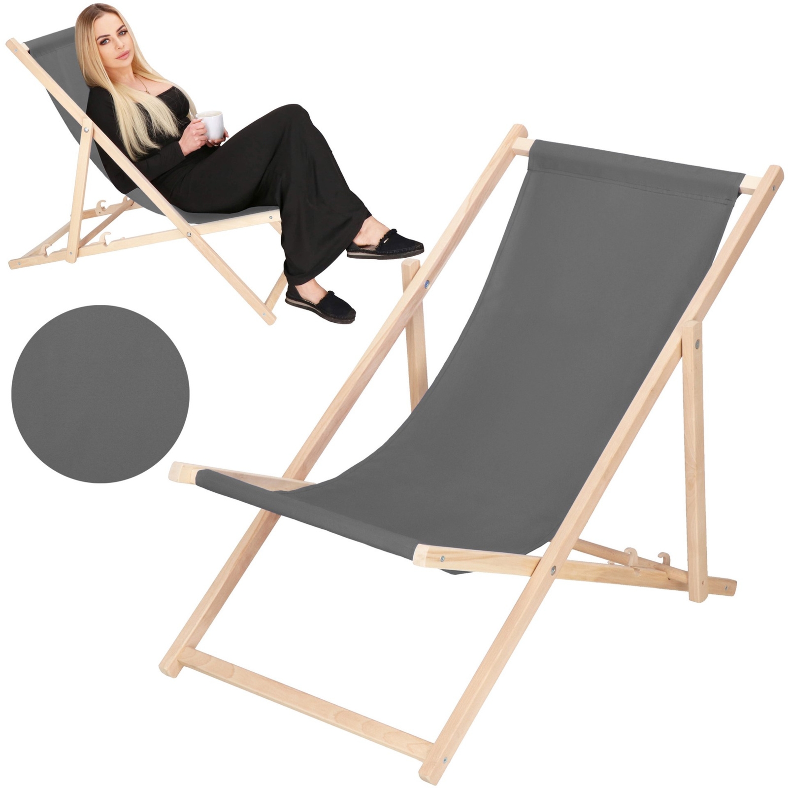 Leżak plażowy składany, drewniany 3 stopnie regulacji, na balkon taras ogrodowy grafitowy
