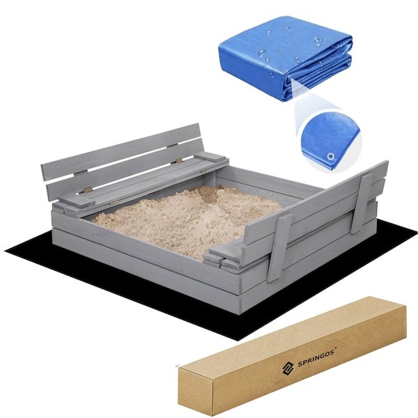 Piaskownica drewniana z ławeczkami 120x120cm impregnowana z włókniną i plandeką, zamykana szara