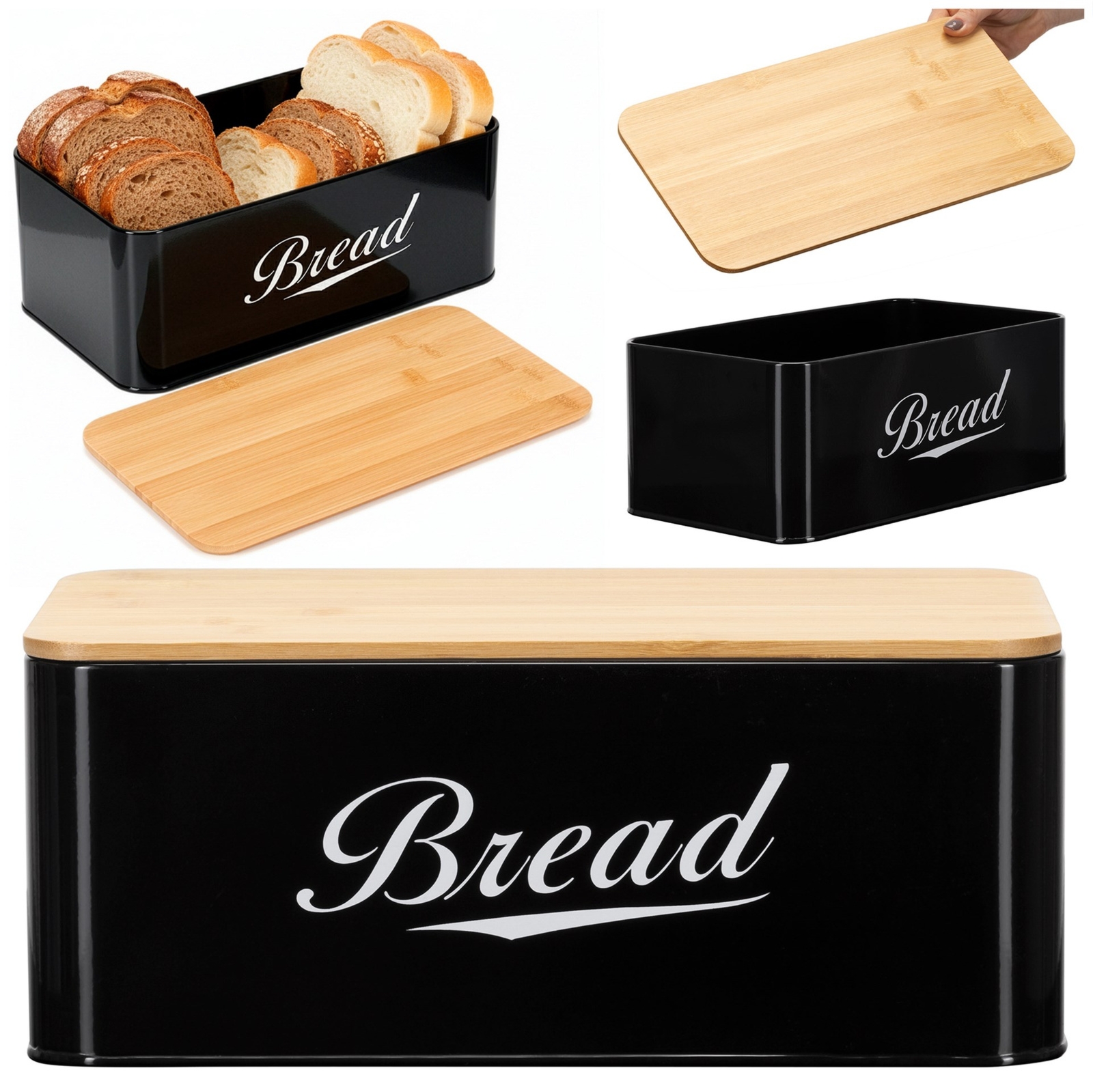 Chlebak metalowy 33x18x14 cm pojemnik zamykany na pieczywo, bambusowa deska, czarny