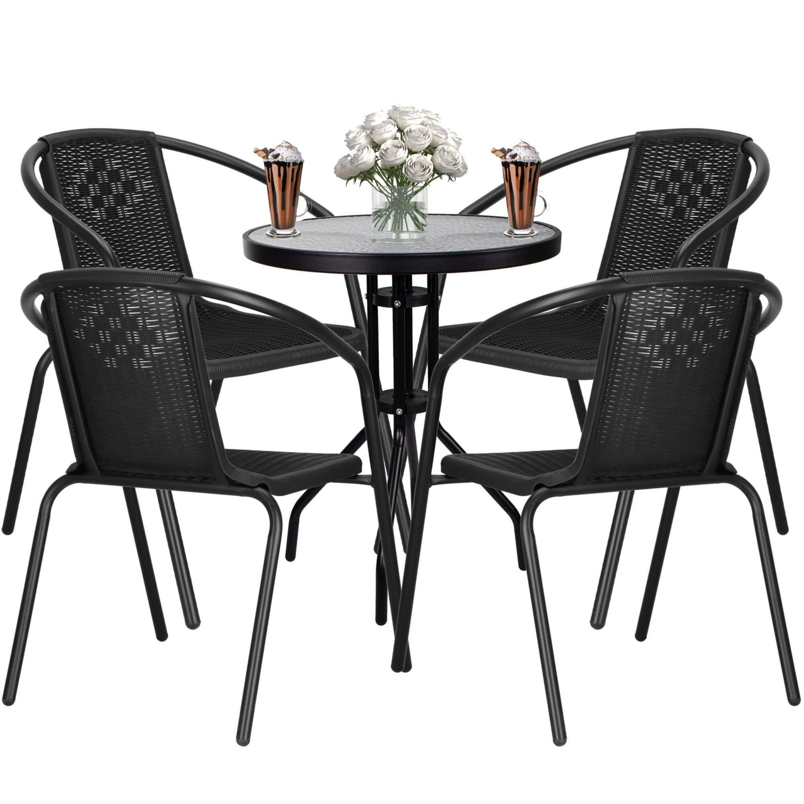 Zestaw mebli ogrodowych stół okrągły i 4 fotele metalowe czarne komplet ogrodowy dla 4 osób