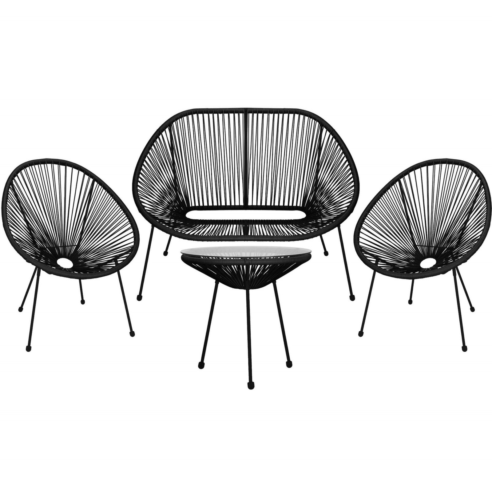 Meble ogrodowe rattanowe stół ze szkłem hartowanym 2 fotele ażurowe, sofa czarne