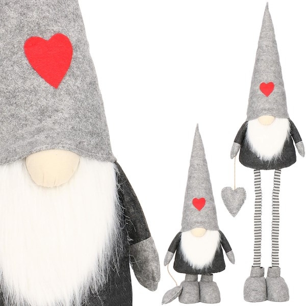 Skrzat świąteczny 82-130 cm, krasnal na teleskopowych nogach, gnom z szarą czapką