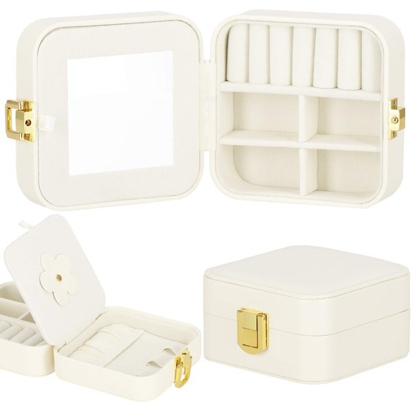 Szkatułka na biżuterię 10x10x5 cm kremowy kuferek z przegródkami ekoskóra