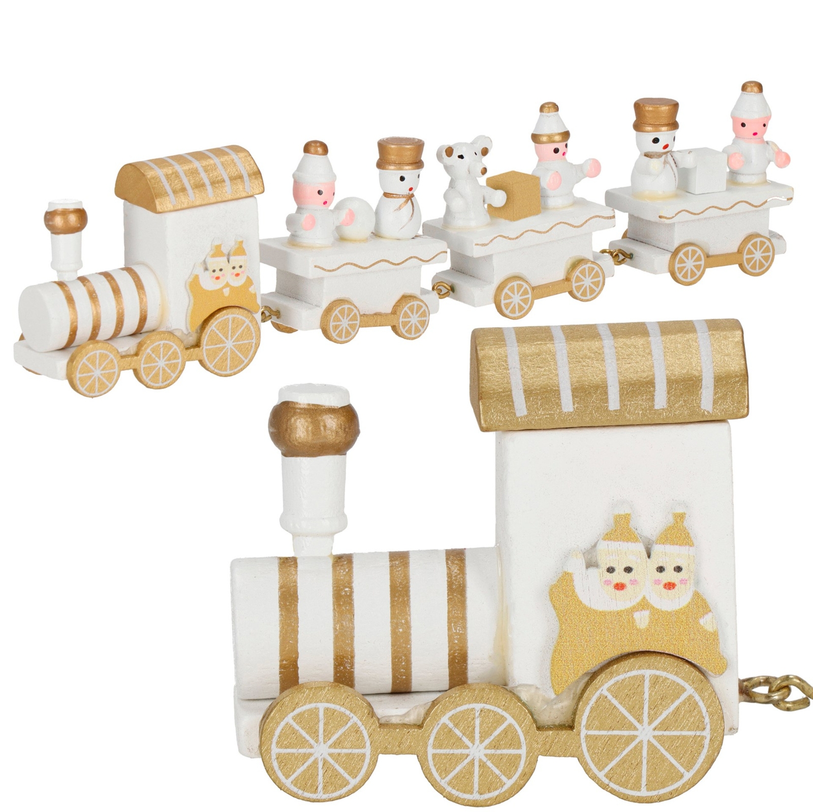Drewniana kolejka z wagonikami, dekoracja na święta, wystrój wnętrz biało-złoty