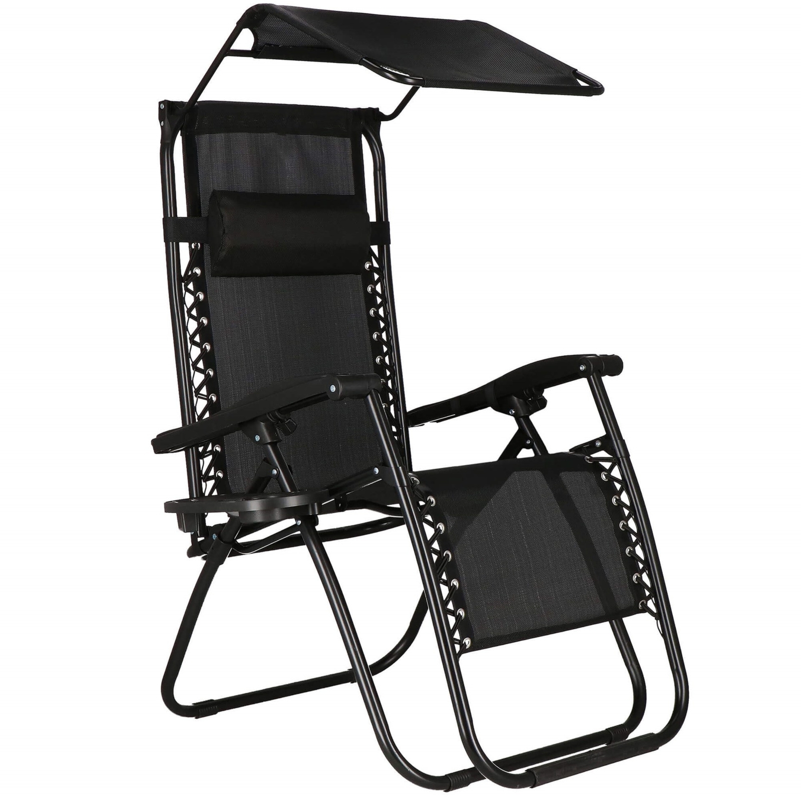 Leżak ogrodowy grawitacyjny z daszkiem i półką na napoje ergonomiczny czarny