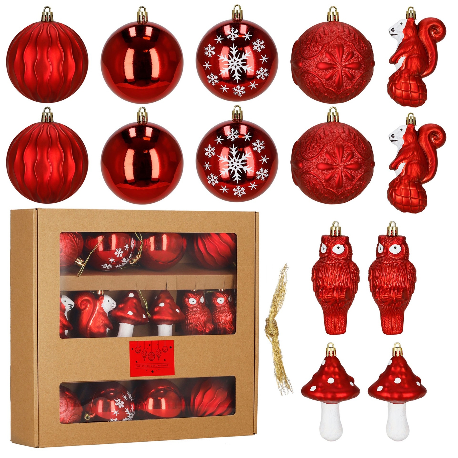 Bombki choinkowe 14 szt. dekoracje świąteczne, okrągłe, wzory leśne, czerwone