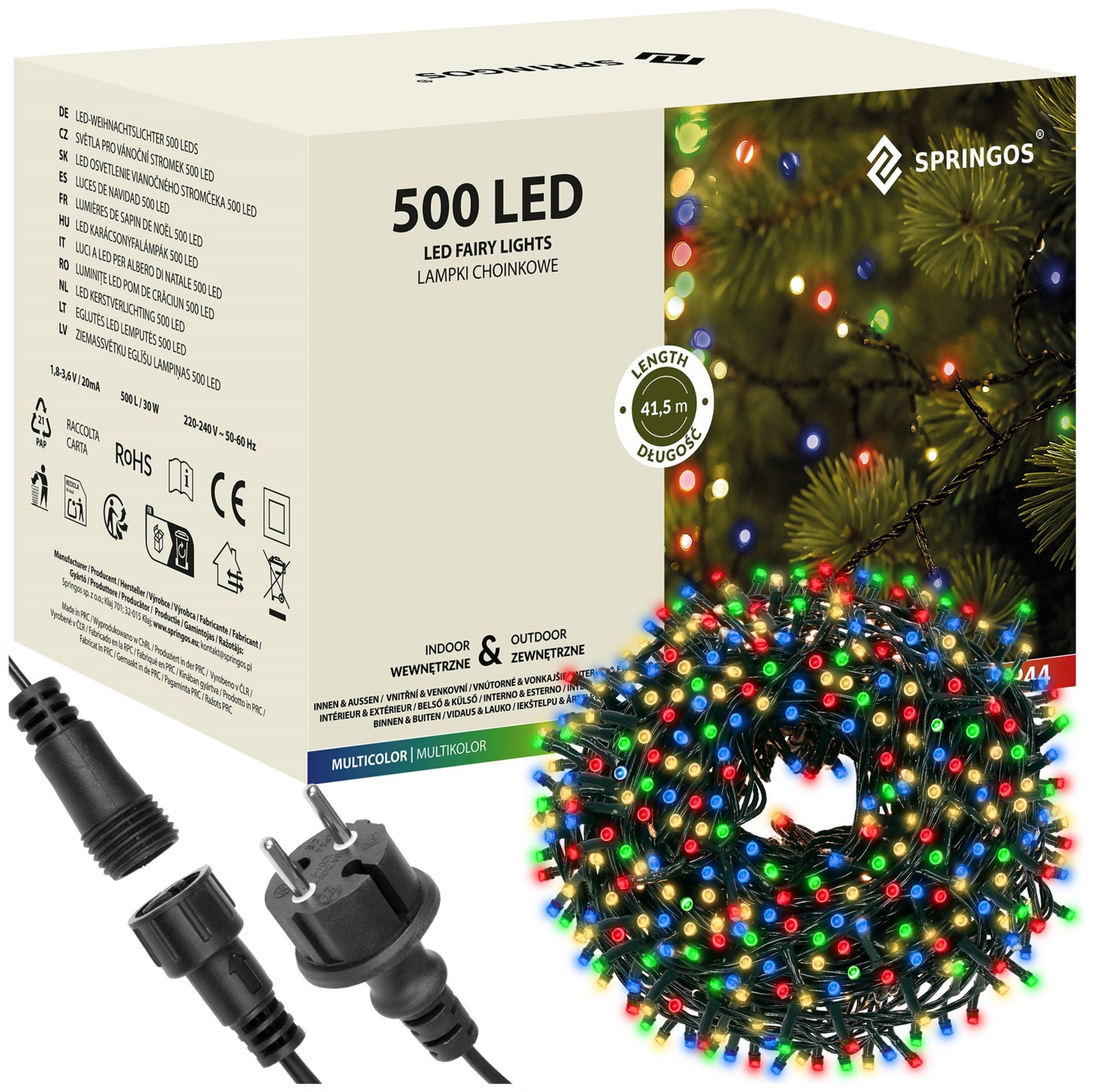 Lampki choinkowe 500 LED 41,5 m, multikolor zewnętrzne oświetlenie świąteczne