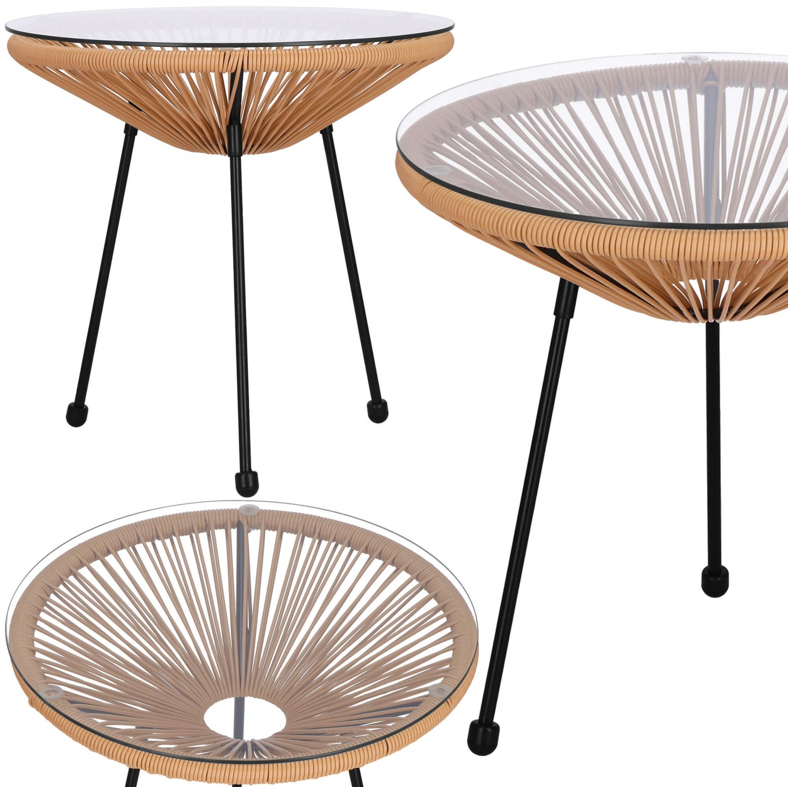 Stół tarasowy, stolik kawowy, rattanowy blat szkło hartowane 50 cm okrągły beżowy