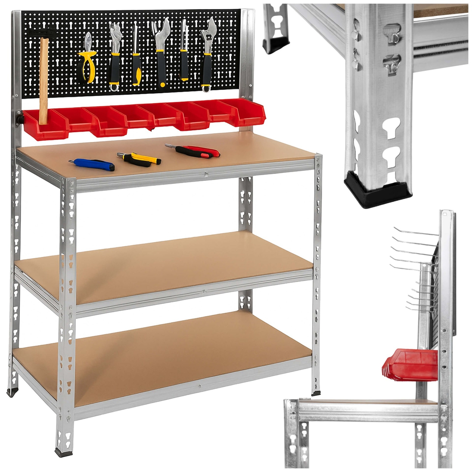 Stół warsztatowy 136x101x40 cm obciążenie 620 kg blat roboczy, narzędziowy z półkami do garażu