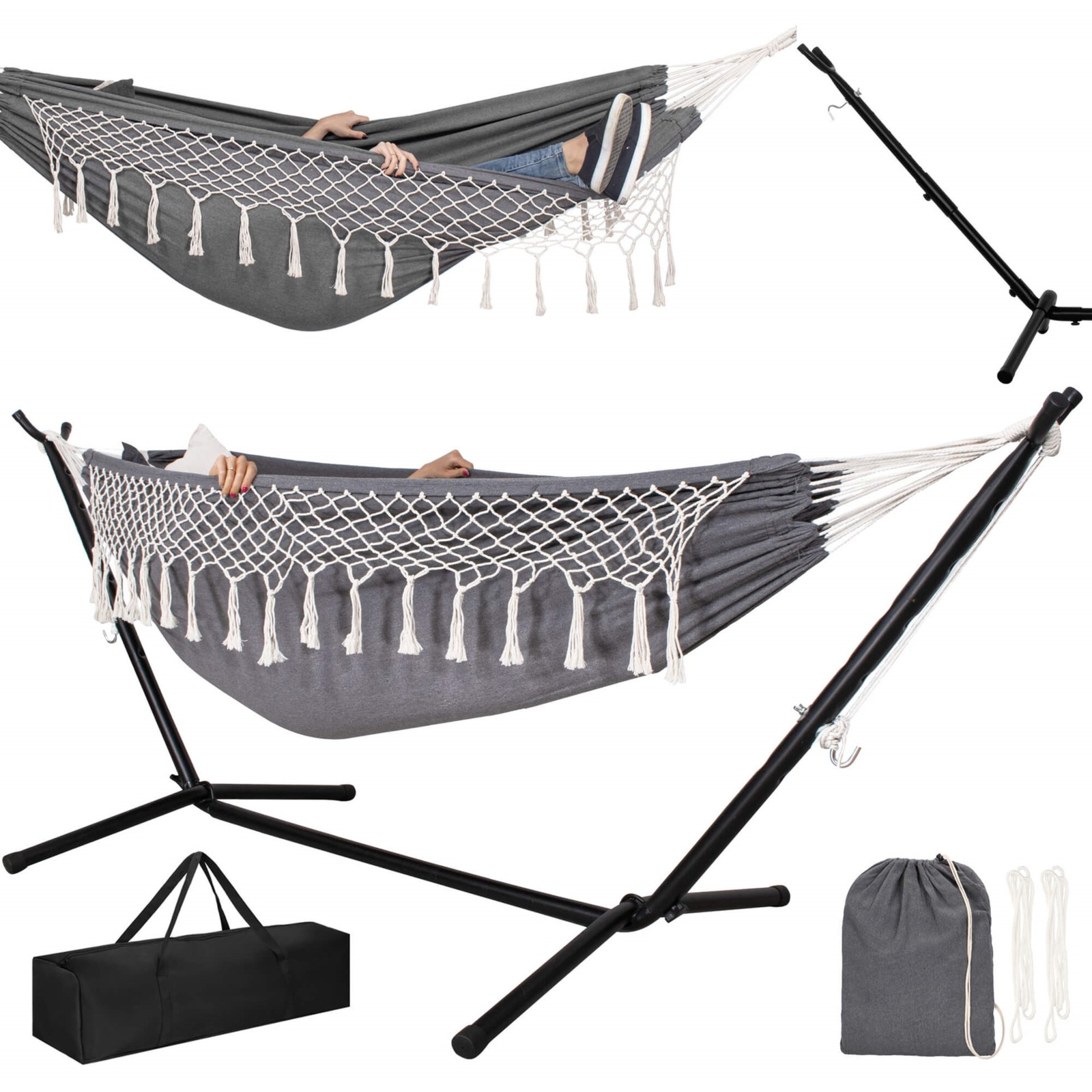 Hamak ze stelażem metalowym 120 kg ogrodowy komplet z poduszkami i pokrowcem