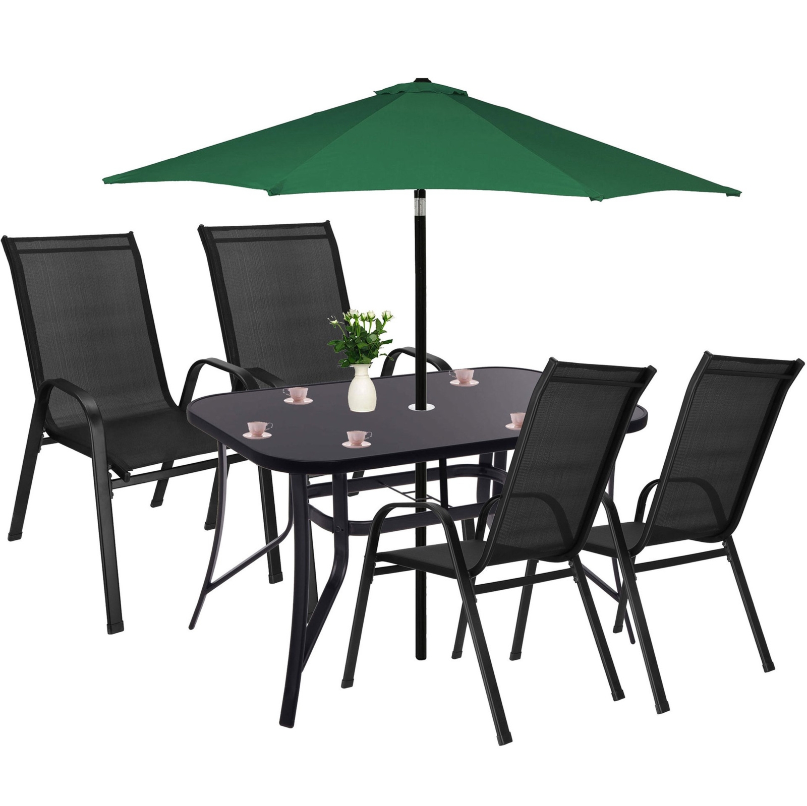 Zestaw mebli ogrodowych metalowy stół 150 cm ze szkła hartowanego i 4 krzesła czarne