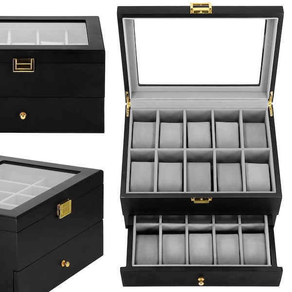 Szkatułka na zegarki 29x21,5x16 cm czarno-szary kuferek z 20 przegródkami welur